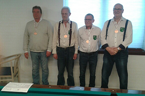 Fra venstre Michael Jensen, Lars Nielsen, Jimmi Madsen & Peter Ryan Rasmussen
Foto: Torben Christensen Regionsfinalen Oldboys Keglebillard.