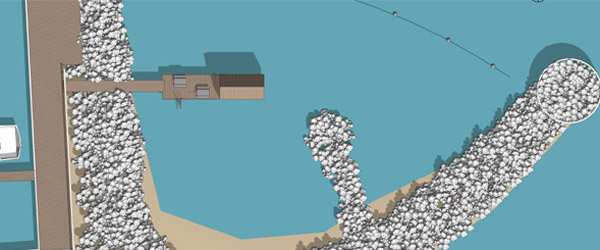 Skitse fra Kommunens hjemmeside. Tegnestue: LBB3. Midlertidig tilladelse for havnebad i Ålbæk