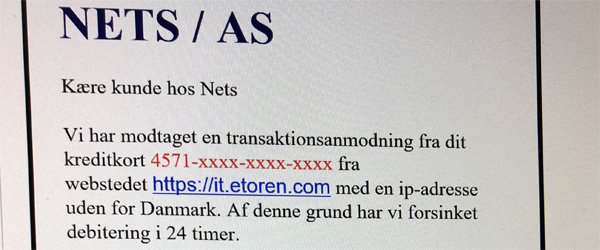 Pas på mails som ser ud til at være fra NETS Pas på mails som ser ud til at være fra NETS